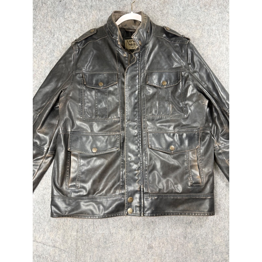 Levi's Field Jacket Mens L Black Faux Leather Military Distressed Vintage Grunge